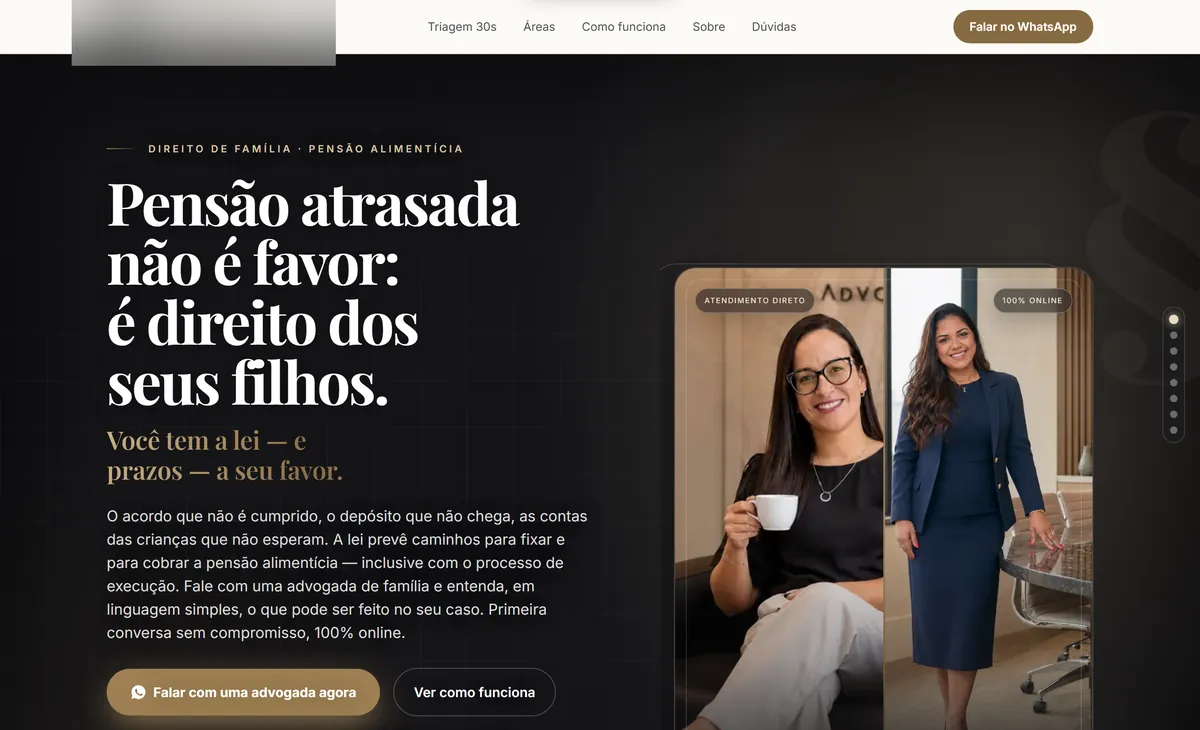 Página de um escritório de direito de família aberta no computador.
