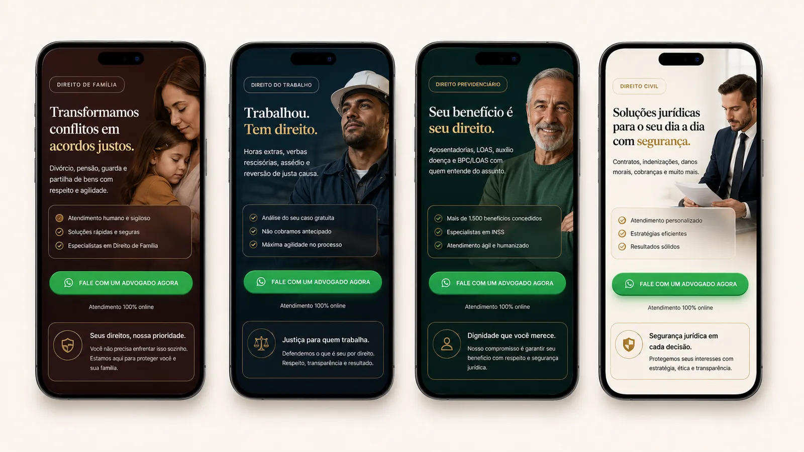 Quatro celulares lado a lado com páginas de família, trabalhista, previdenciário e cível.